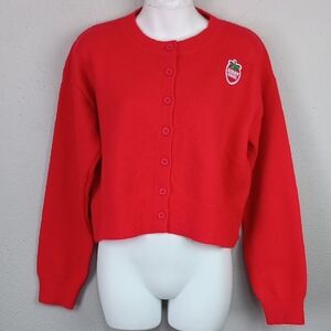 Women's Button Front Red Knit  Cardigan with Strawberry Patch sz L Modest Preppy